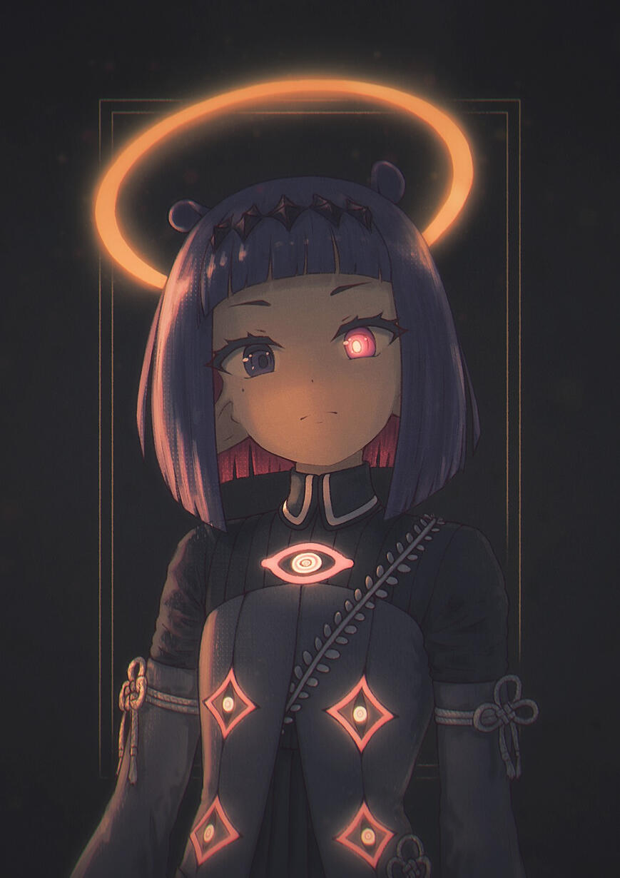 Ninomae Drawing of Ninomae Ina'nis from Hololive English looking at the viewer with a serious, slightly frowning expression in her dark Drawn to Dawn outfit. Parts of the outfit, as well as her left eye and halo, are glowing. The background is a plain dark color w