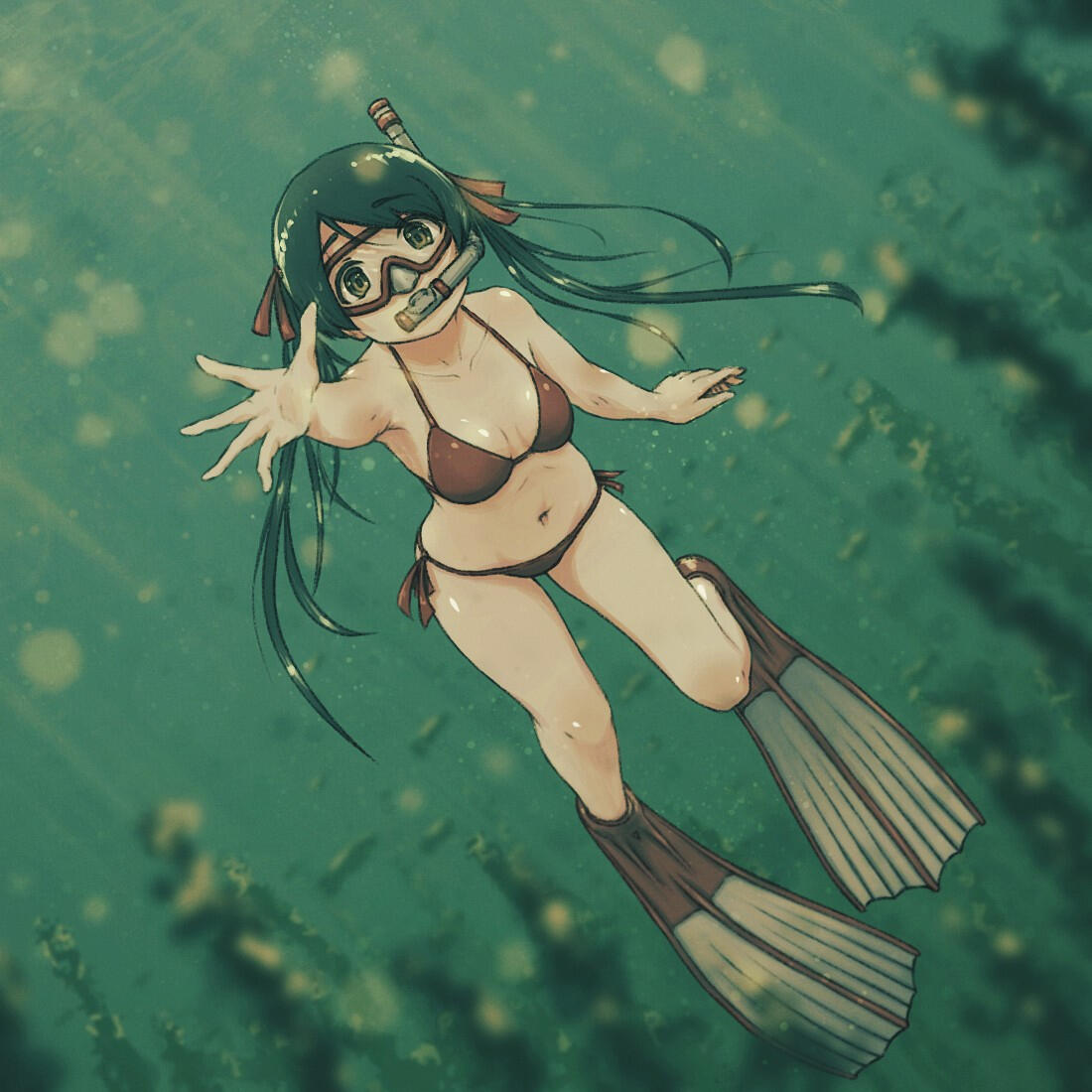 Mikuma Drawing of Mikuma from Kantai Collection underwater, reaching her hand towards the viewer. She's wearing a red bikini, diving mask, and fins.