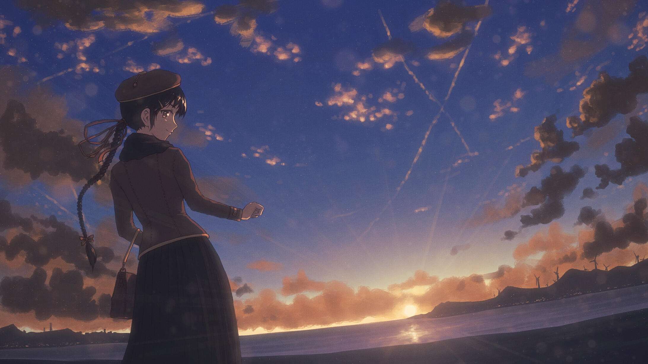 Into A New Year Drawing of a young woman standing on a shore of an inlet during the first sunrise of the year. She's looking back at the viewer, smiling, right arm slightly raised in an invitation to hold hands. The woman is wearing a brown winter jacket, matching her eye