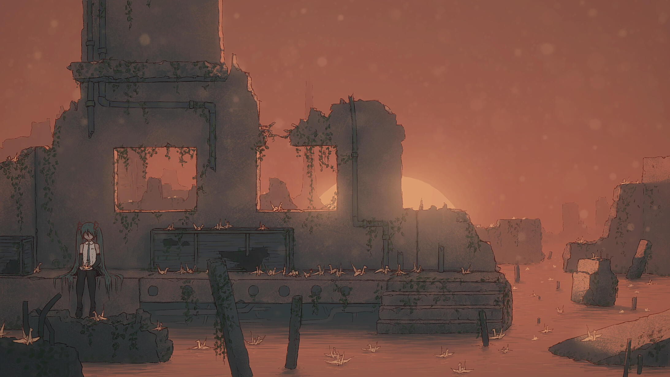 Wish Drawing of Hatsune Miku sitting in the bottom left part of the frame among partially submerged overgrown ruins and holding a paper crane in her hands. More paper cranes are scattered across the landscape with the sun setting in the background.