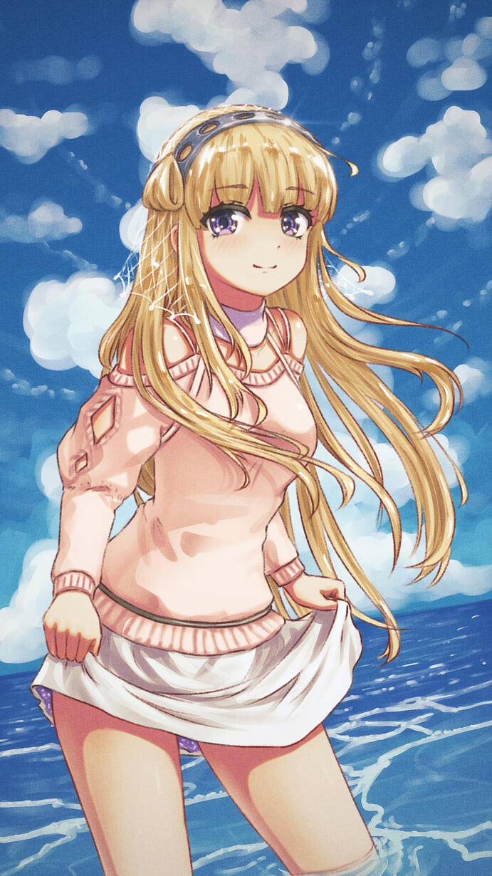 Fletcher Drawing of Fletcher from Kantai Collection standing knee deep in the ocean.
