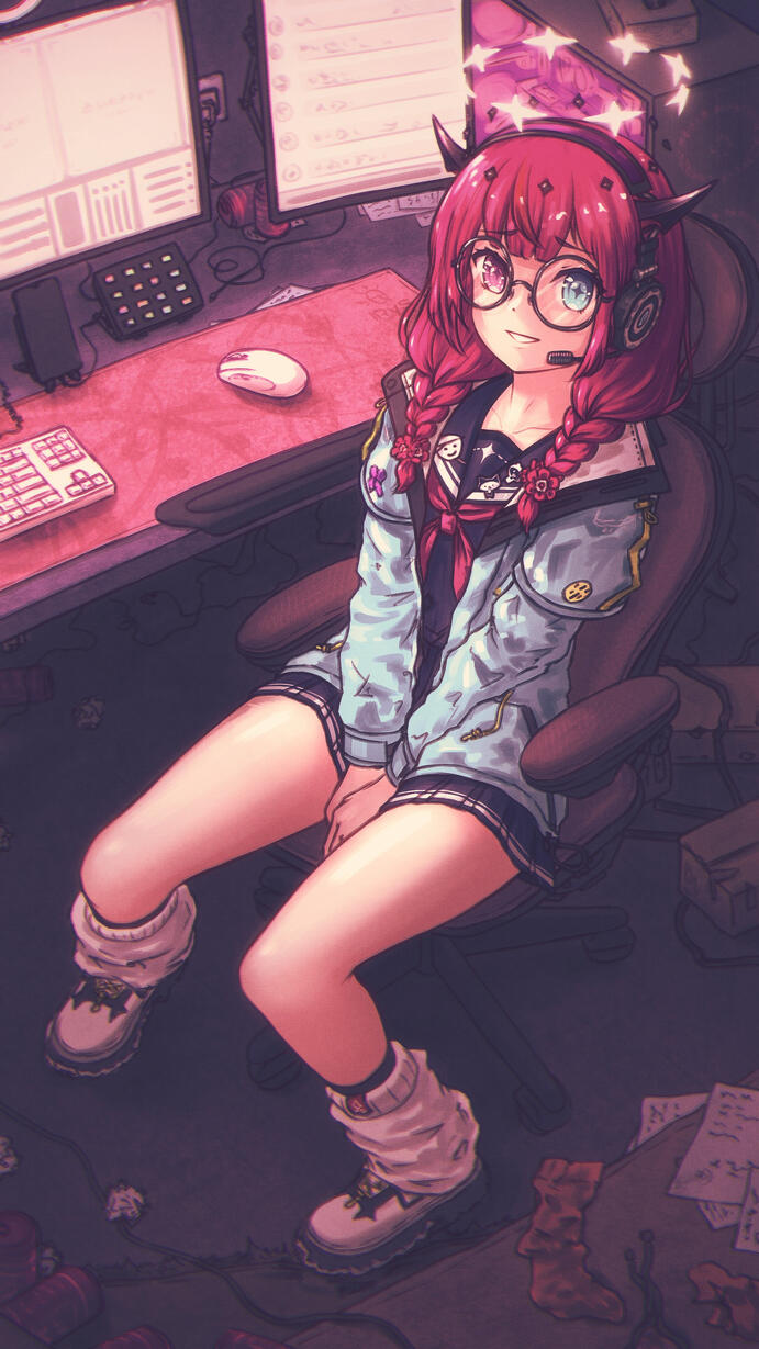 IRyS Drawing of IRyS from Hololive English sitting on a chair next to the desk with her streaming setup in a messy room.