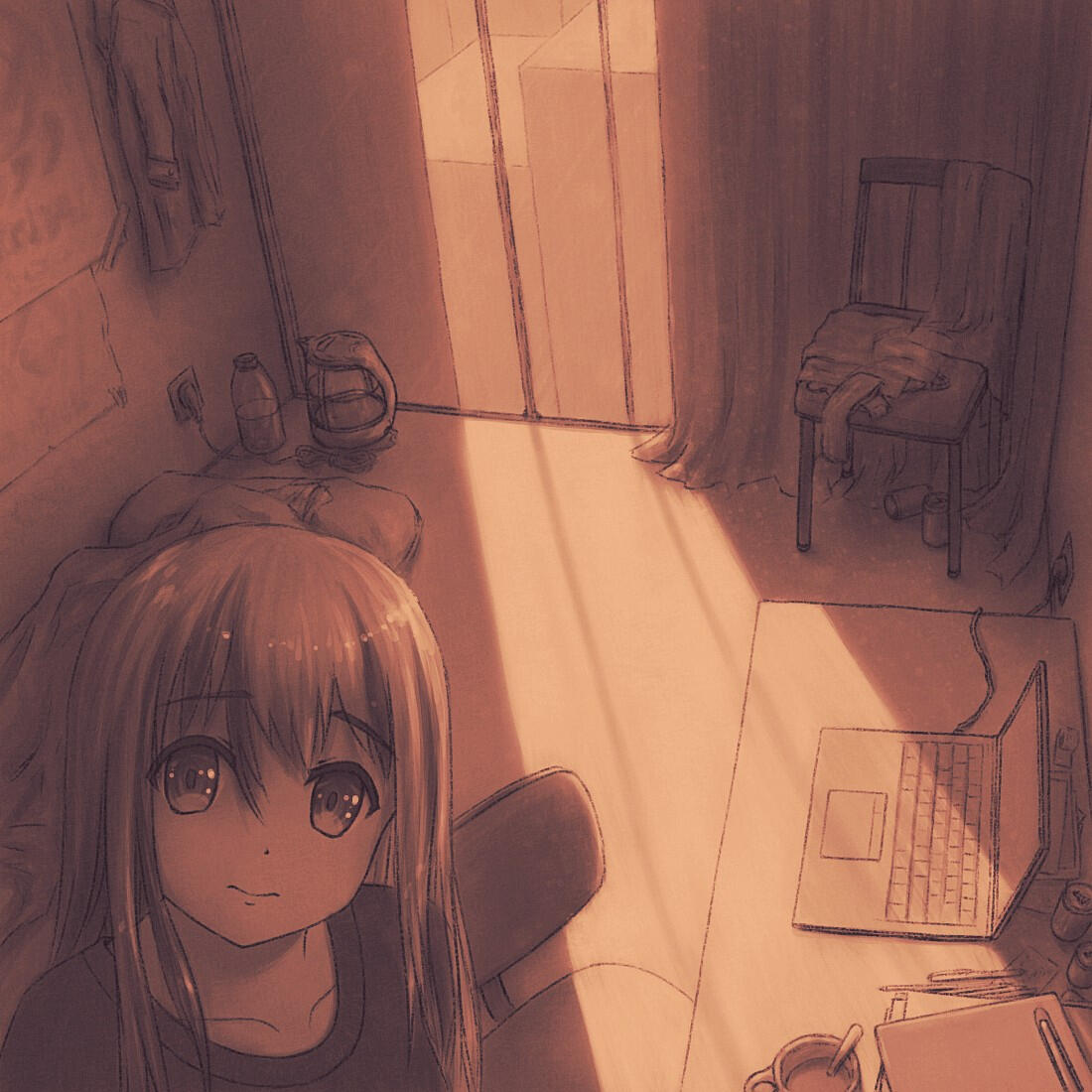 Nest Drawing of a person with long hair standing in a room lacking furniture. Evening sun casts sharp light and shadows upon the table with laptop and partially visible drawing tablet.
