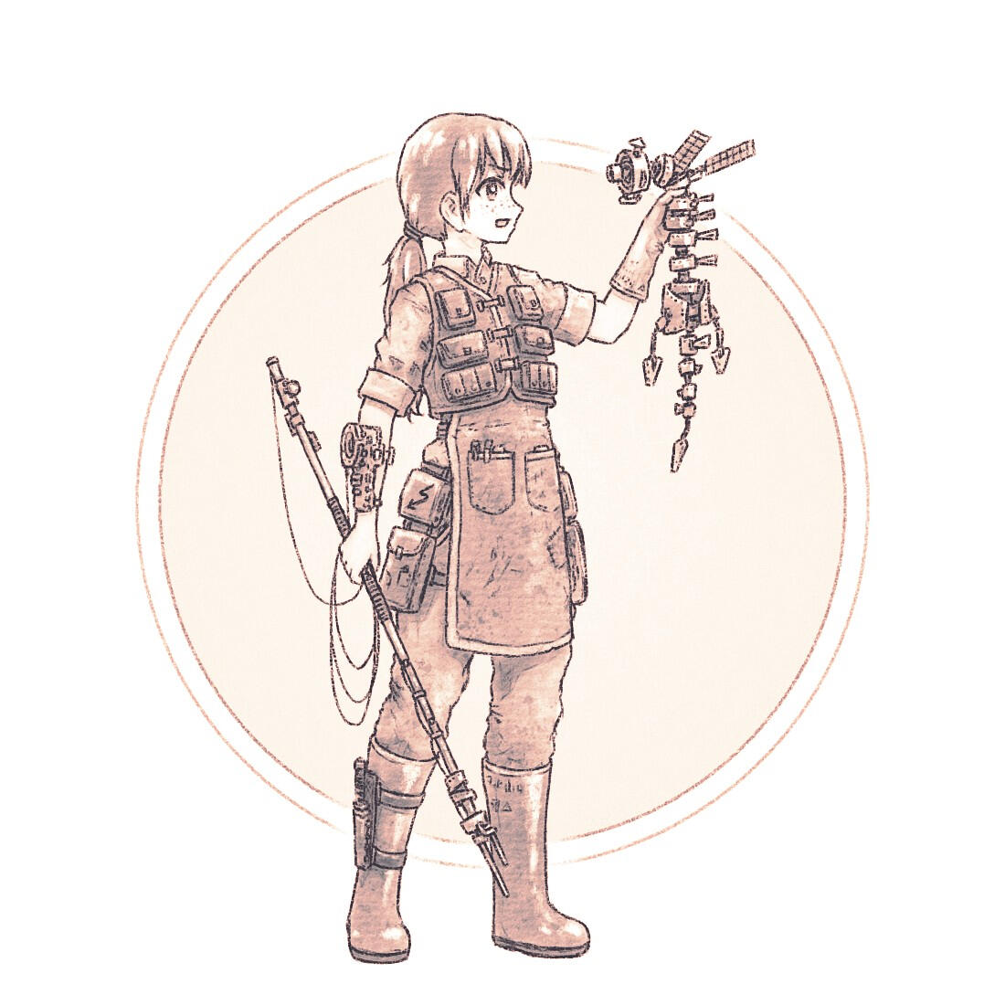 Catch Drawing of a young woman standing and holding a robotic fish in the left hand. She's wearing a rugged futuristic fishing attire and holding an electric fishing spear in her other hand.