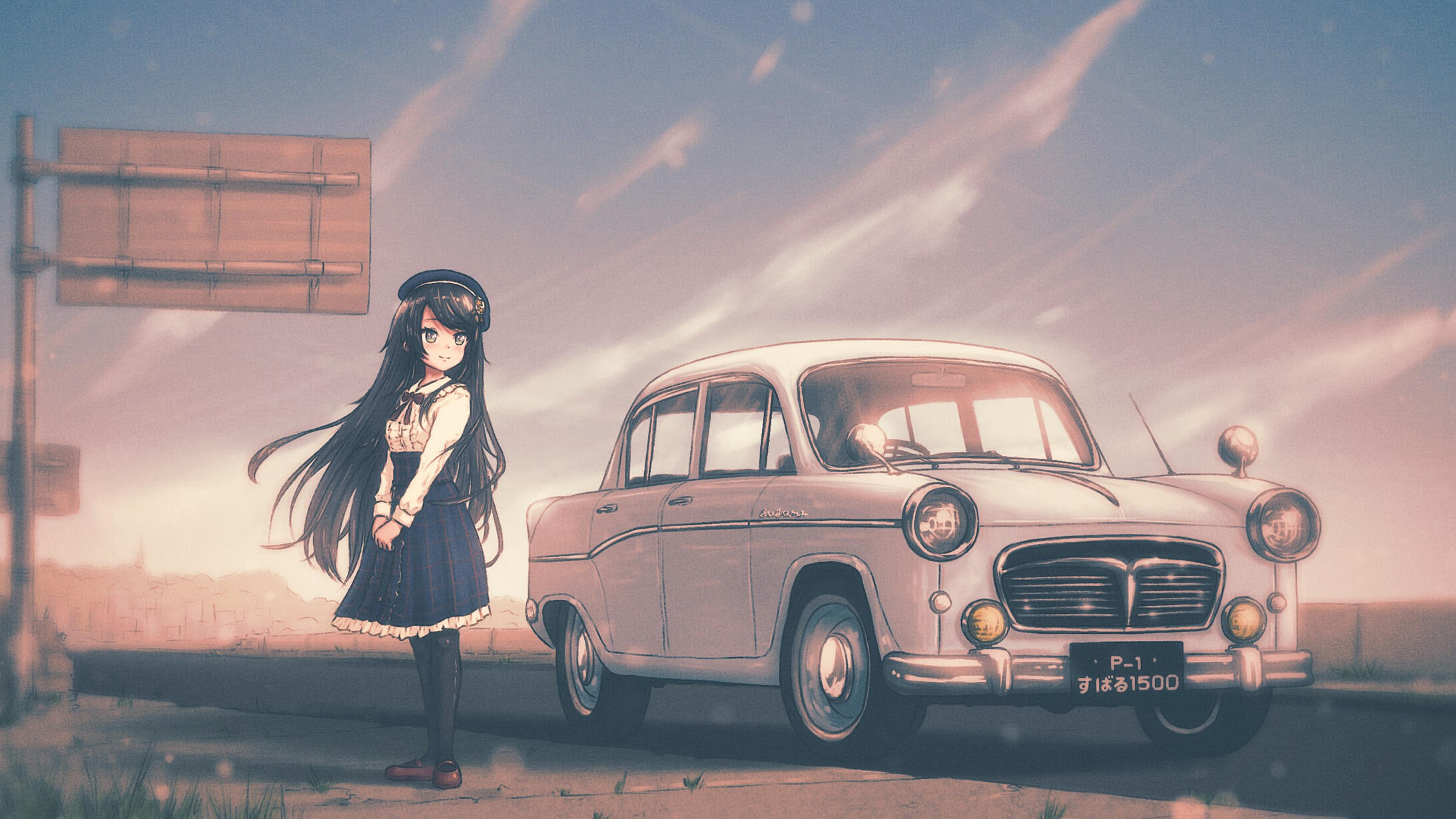 Subaru Drawing of Subaru from Hololive standing next to a Subaru 1500 in nostalgic lighting.