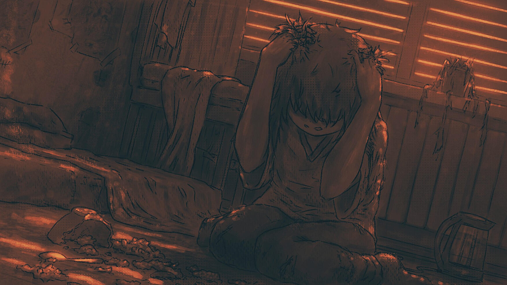 Spent Drawing of a person sitting on the floor and clenching their teeth and pulling their hair in front of a broken bowl and scattered food. The room they are in is messy, rugged, and unkempt, with the light peeking through the closed shutters of the windows.