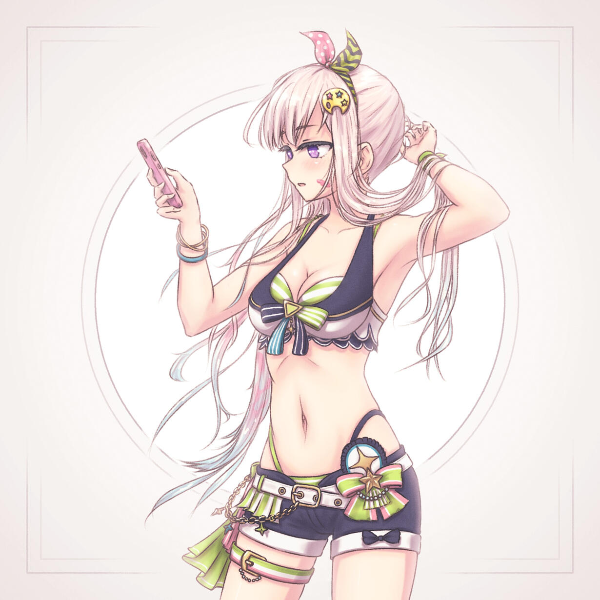 iofi Drawing of Airani Iofifteen from Hololive Indonesia in a swimsuit, looking at her smartphone and adjusting her hair.