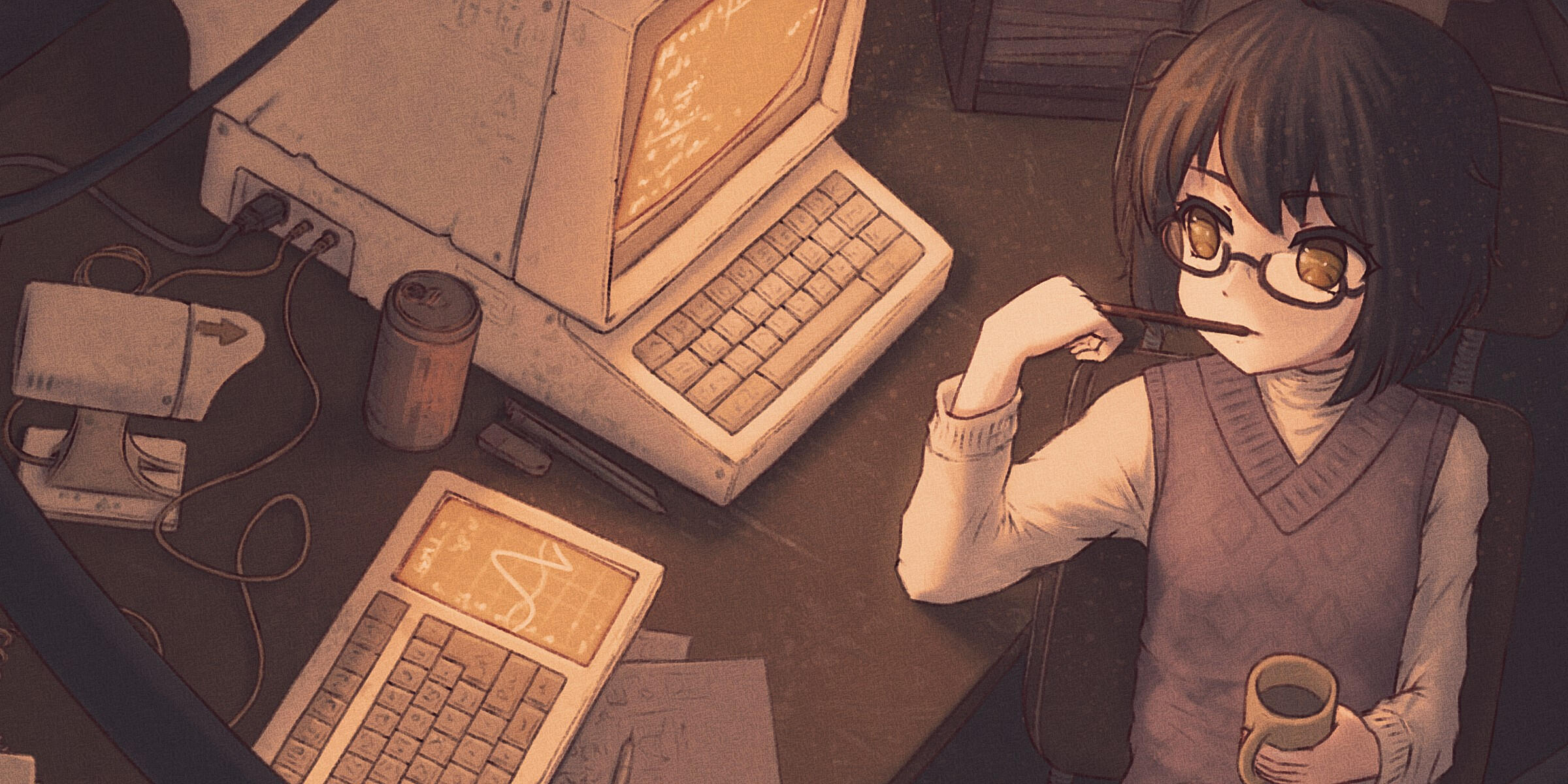 Monitoring Drawing of a person sitting on a chair and looking at a CRT monitor with an orange screen while eating a Pocky stick. On the table is a keyboard with a screen displaying some graphs, papers with drawing utensils, an electric fan, and an empty can of some d
