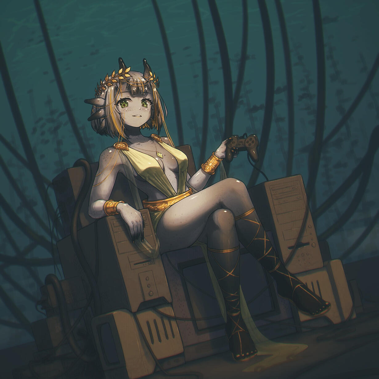 Jorunna Drawing of VTuber Jorunna van de Zee sitting on a throne made of game consoles and PCs. She is wearing a light yellow dress with golden accessories and holding a controller in her left hand. In the background are cables coming down to the throne and the oc